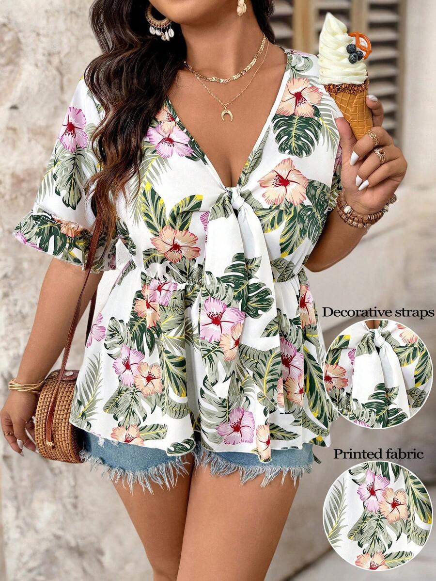 Breezaya بلوزة نسائية كبيرة الحجم مزخرفة بطبعات استوائية خضراء مع أكمام ذات كشكشة وخصر مربوط، مناسبة للصيف