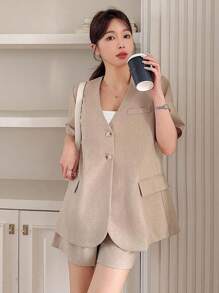 DAZY 纯色宽松西装外套和短裤女士套装商务装 - 粉色 - 查看 7