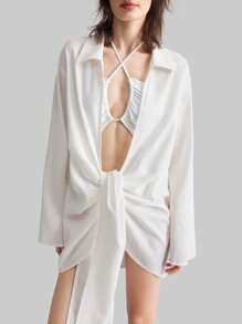 Ontre 2025 New Spring Women's Bohemian Style Cover Up, White Linen Shirt Collar Long Flare Sleeve Tie Front Beach Cover-Up, Casual Tie-Up Design, Old Currency Pattern - White - View 4