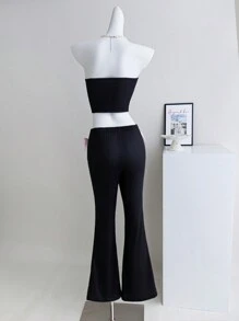 Teen Girls Tube Top With Bow Detail & Flared Pants Sets, Pink And Black Colorblock