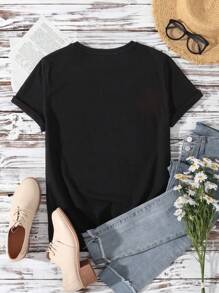 Slaydiva 大码女式休闲纯色四叶草圣帕特里克节图案圆领短袖修身 T 恤，夏季 - 黑色 - 查看 3