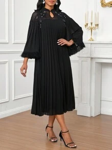 SHEIN Lady Decor cu aplicație din dantelă din plasă neagră Plisată Rochie lungă lejeră, cu manșete cu ciucuri, elegantă pentru petrecere, invitată la nuntă, toate anotimpurile