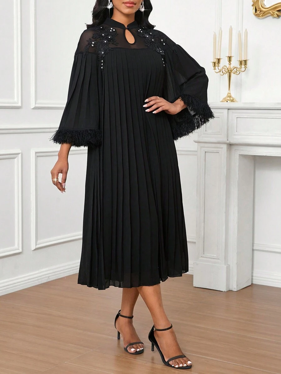 SHEIN Lady 黑色网眼蕾丝贴花装饰褶皱宽松长裙，配有流苏袖口，优雅适合派对、婚礼宾客，四季皆宜 - 黑色 - 查看 1
