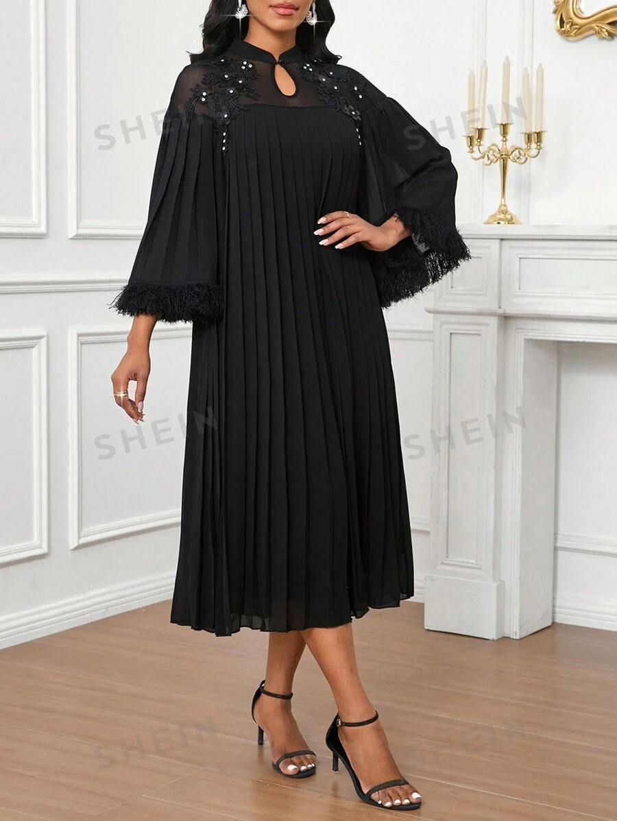 SHEIN Lady Decor cu aplicație din dantelă din plasă neagră Plisată Rochie lungă lejeră, cu manșete cu ciucuri, elegantă pentru petrecere, invitată la nuntă, toate anotimpurile