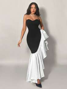 SHEIN Privé Women's Spring Elegant Romantic Fashion Commuter Sexy Black And White Tight Dresses Dresses For Party, Vacation, Back To School, Romantic Dating And Birthday, Wedding Season, Graduation Season Dresses, Valentine's Day Dresses, Easter Dresses