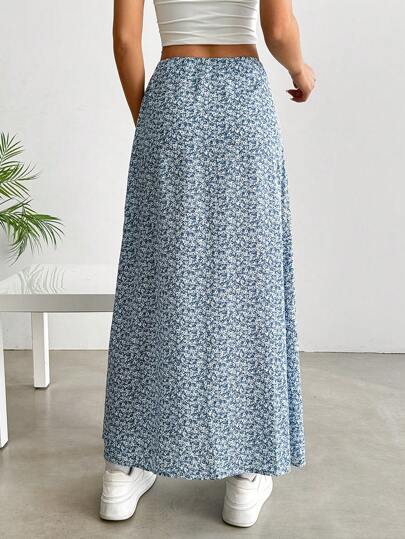 SHEIN EZwear 女士高腰长款碎花休闲裙，适合度假穿着