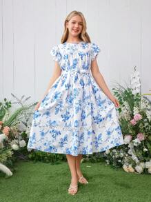 Elegante vestido para niñas adolescentes con estampado floral azul y encaje