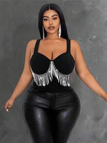 Maweii Women Plus Size Elegant Solid Color Glittery Rhinestone Decor Fashionable Camisole Top, Versatile For Party And Gathering, Spring/Summer - Black - View 2