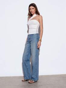 Maija Women White Summer Seksi Chic Party Night Mesh Crop Top,2025 Fashion Asymmetric Shoulder Ruched Bodycon Beach Vacation Music Festival Club Wear - White - View 3