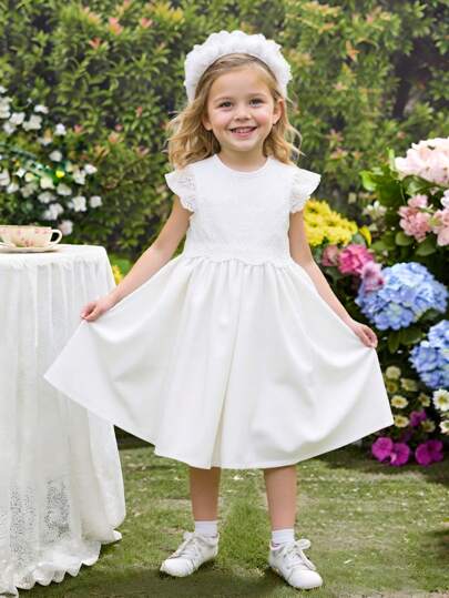 SHEIN French Style Sweet Princess Sleeveless Lace Patchwork Girl Baby Dress, Elegant & Cute, Suitable For Spring/Summer Wedding Season