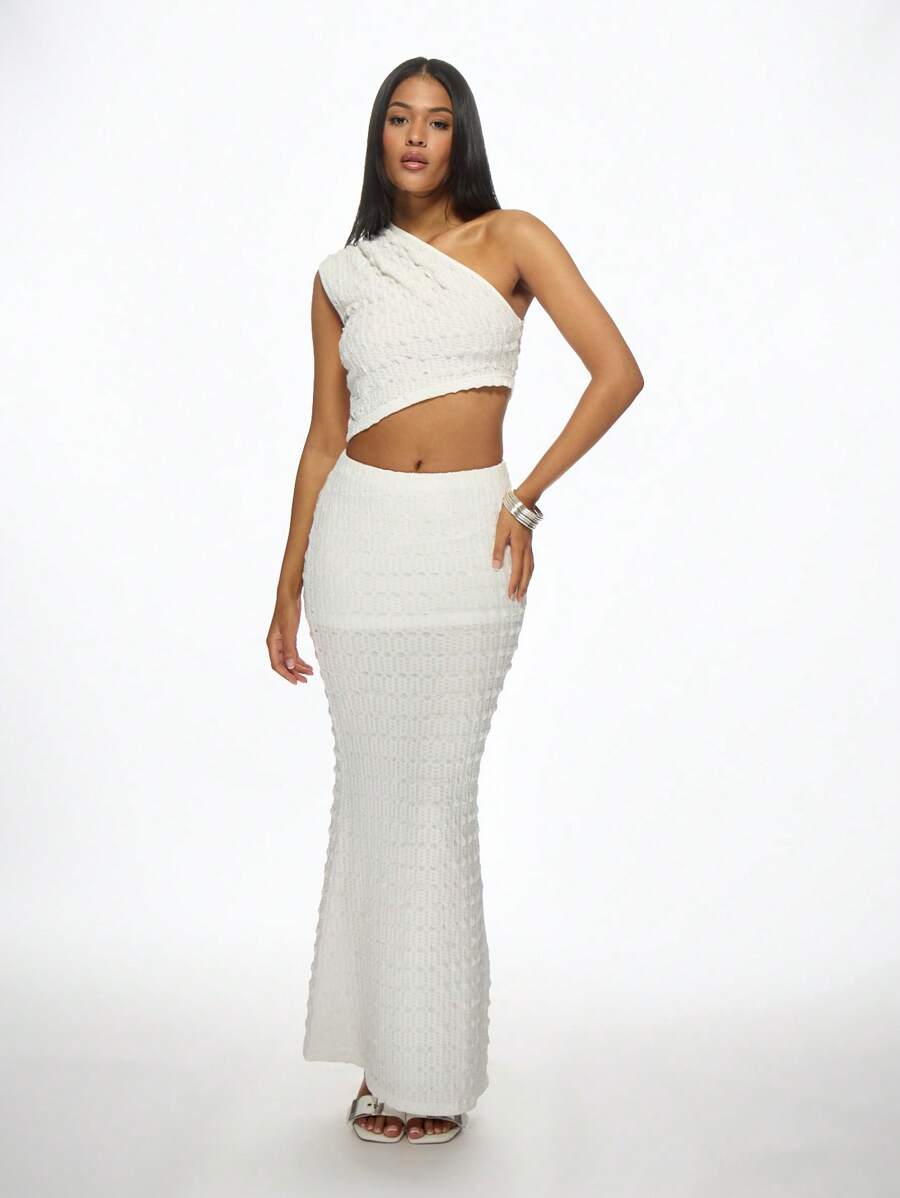 MISSGUIDED 单肩短款上衣罗纹针织夏季节日不对称无袖派对俱乐部晚会弹力修身纹理时尚上衣 - 白色 - 查看 1