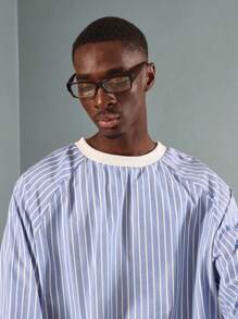 SUMWON Designer Striped Raglan Sweatshirt Classic Round Neck Athletic Casual Pullover Perfect For Spring Fall Loungewear Streetwear - Blue and White - View 5