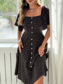 Flirla Vestido holgado con cintura ceñida, cuello cuadrado, mangas con volantes y estampado tejido para mujer de talla grande, ideal para vacaciones