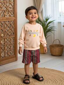 SHEIN 1 pieza Sudadera con estampado de linterna lunar gráfica tradicional para niño pequeño, linda/vintage/juguetona, básica casual para cualquier ocasión, primavera/verano, cálida sudadera árabe - Albaricoque - Ver 1