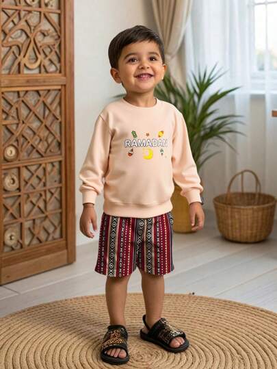 SHEIN 1pc Young Boy Traditional Holiday Graphic Moon Lantern Print Sweatshirt, Cute/Vintage/Playful, Casual Basic For Any Occasion, Spring/Summer, Warm Arabian Sweatshirt