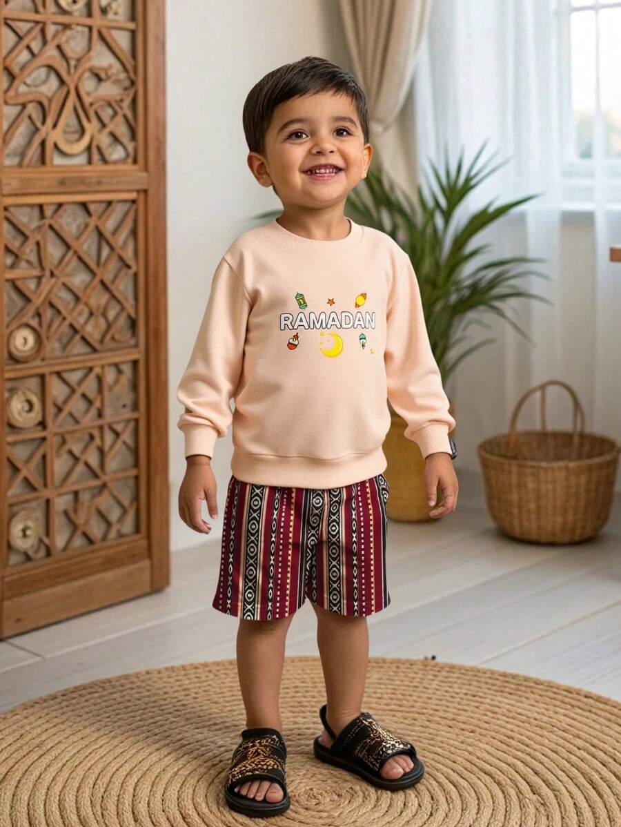 SHEIN 1 pieza Sudadera con estampado de linterna lunar gráfica tradicional para niño pequeño, linda/vintage/juguetona, básica casual para cualquier ocasión, primavera/verano, cálida sudadera árabe - Albaricoque - Ver 1