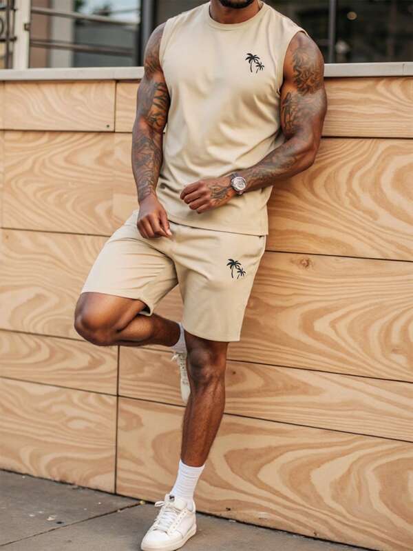 Manfinity RSRT 2 Stücke/Set Herren Lässig Tanktop und Shorts, minimalistisch stilvolle Alltagskleidung, Sommeroutfits für Männer, Herren Zweiteiler