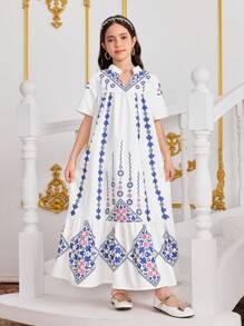 Tween Girl V-Neck Loose Floral Patchwork Long Dress, Holiday