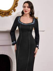 Modelyn Fashionable Luxury Rhinestone-Embellished Long Dress For Women - Black - View 4