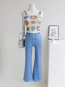 SHEIN 少女花卉钩针上衣套装，适合度假