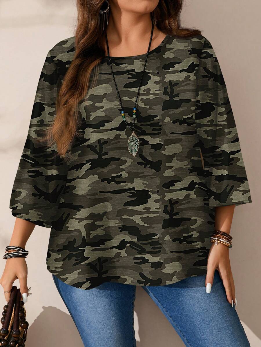 EMERY ROSE Plus Size Women Camouflage Pattern Printed Casual Loose Fit 3/4 Sleeve Blouse, Suitable For Spring & Summer Fall Clothes Chic Blouses For Women - Army Green - View 1