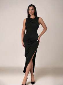 Zolique Spring Sexy Party Slanted Shoulder Asymmetrical Streamer Pleated Dress Slim Sexy High Split Hip-Wrapped Long, Suitable For Dating, Vacation, Party