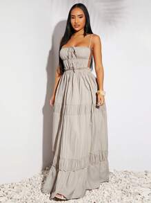 SHEIN SXY Sundress;Beach;Spring Summer Vacation Wedding Valentine's Day Women's Elegant Western Style Clothing Gray Khaki Imitation Linen Fabric Large Halter Halter Fold Design A Swing Long Dress,Summer Dresses For Women,Tea Party Dress - Apricot - View 4