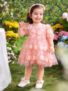 Fern Glow  Babygirl Lovely & Elegant Pink Floral Mesh Summer Dress - Pink - View 6