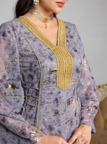 Al Najma Women Elegant Arabic Style Long Sleeve Gold Foil Pattern Patchwork Dress, Arabian Dresses