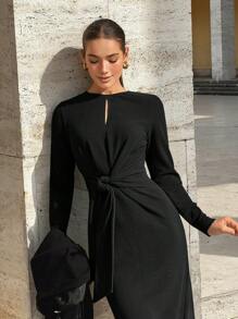 BizChic 2025年夏季新款黑色圆领开衩腰系带设计淑女连衣裙，商务休闲日常穿着，优雅适合海滩度假、婚礼派对宾客、乡村音乐节、早午餐、机场、90年代复古、斯德哥尔摩、美国独立日 - 黑色 - 查看 4