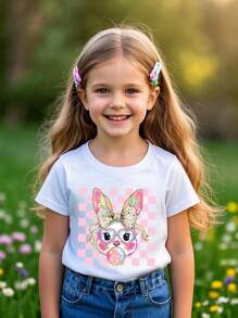 小女孩卡通兔子印花圆领短袖休闲 T 恤 - 白色 - 查看 1