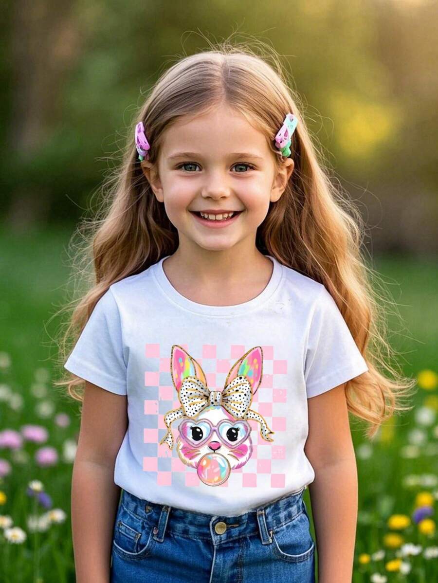 小女孩卡通兔子印花圆领短袖休闲 T 恤 - 白色 - 查看 1