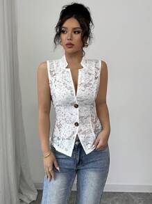 Elenzga Sheer Lace Sleeveless Vest Jacket - White - View 5