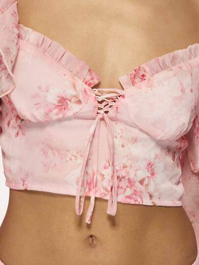 MISSGUIDED Floral Chiffon Two-Piece Ruffle Crop Top And Palazzo Pants ...