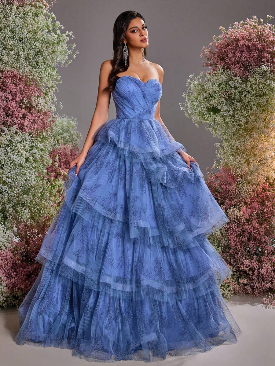Glamrae Elegant Blue Tube Top V-Neck Digitally Printed Heavy-Duty Whole Piece Pleated Multi-Layer Cake Pagoda Skirt With Adjustable Straps At The Back Suitable For Dates, Vacation Photos, Bachelor Parties, Wedding Events, Graduation And Back-To-School Season Heavy-Duty Dinner Dresses