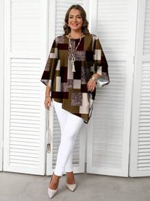 EMERY ROSE Plus Size Plaid Print Casual Minimalist Allover Print Long Sleeve Shirt, Spring/Autumn Chic Blouses For Women - Multicolor - View 4