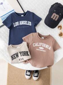 SHEIN 3pcs/Set Baby Boy Summer Color Letter Print Soft Knit Crew Neck Short Sleeve Tops - Navy Blue - View 5