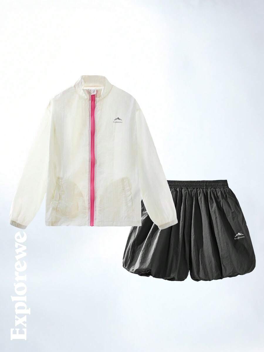 SHEIN Teenager Mädchen 2-teiliges Outfit - Reißverschluss Jacke mit langen Ärmeln und Shorts Set