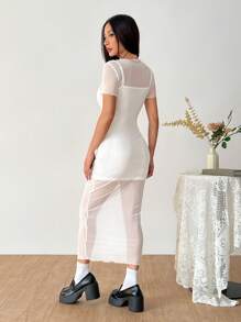 Muchica Casual Solid Color Mesh Fitted Dress - White - View 2