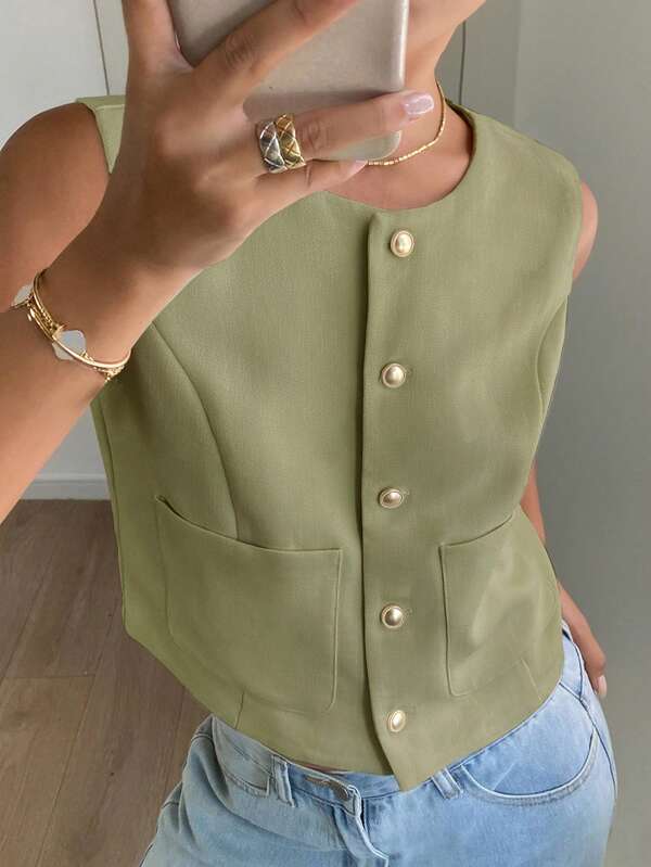 DAZY Chaqueta ajustada de mujer de unicolor, cuello redondo, sin mangas, ropa de otoño Y2K