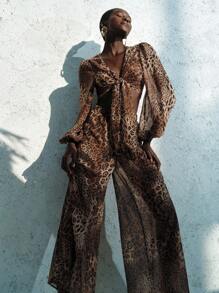 Lumivelle Damen Leopardenmuster lässiges einfaches Lässig Cover-Up Top und Hose für den Urlaub, für den Sommerurlaub am Strand