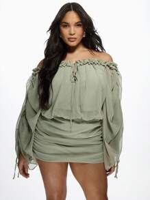 MISSGUIDED PLUS Off Shoulder Ruffle Sage Mini Dress Chiffon Sheer Long Sleeve Boho Summer Party Wedding Guest Flowy Beach Resort Vacation Evening - Green - View 3