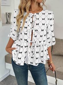 SHEIN LUNE Blusa de mujer con cuello redondo de manga corta y estampado de moño, de diseño minimalista y calce holgado, en estilo dulce, para primavera/verano