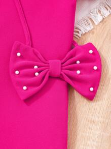 SHEIN Glamorique Kids 1 Set Tween Mädchen Kunstperle Decor Einfarbig Kurzarmkleid mit Schleife Crossbody Bag