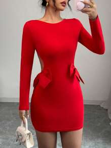 SHEIN Unity 女士性感紧身度假迷你连衣裙，带蝴蝶结细节，红色 - 紅色 - 查看 8