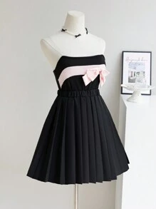 2pcs/Set Tween Girl Black & Pink Spaghetti Strap Camisole Ruffles & Bow Detail Paired With Black Pleated Skirt, Spring/Summer - Multicolor - View 5