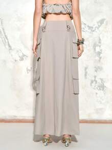 Arave 女士纯色前拉链口袋休闲半身裙 - 卡其色 - 查看 2