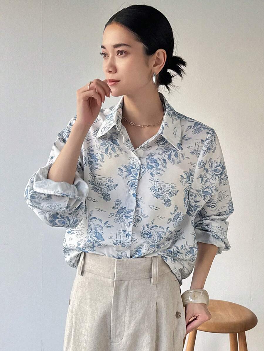 FRIFUL 女式碎花领长袖休闲衬衫，春季办公室服装
