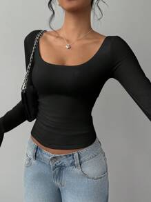 SHEIN BASICS Women's Casual Solid Color Knitted Fitted Long Sleeve Crew Neck Regular T-Shirt Playera Manga Larga Damawhite Top Long Sleevebasic Long Sleeve Tops - Black - View 5