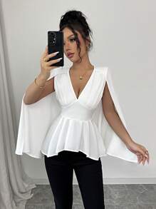 Elenzga 女士 V 领前褶皱收腰喇叭下摆衬衫裹身裙